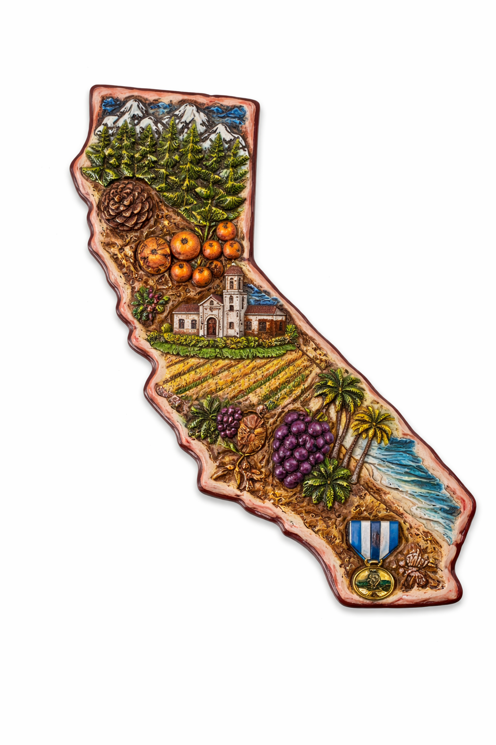 Hand-carved painted relief sculpture in the shape of California with vineyards, mission, citrus and coastline