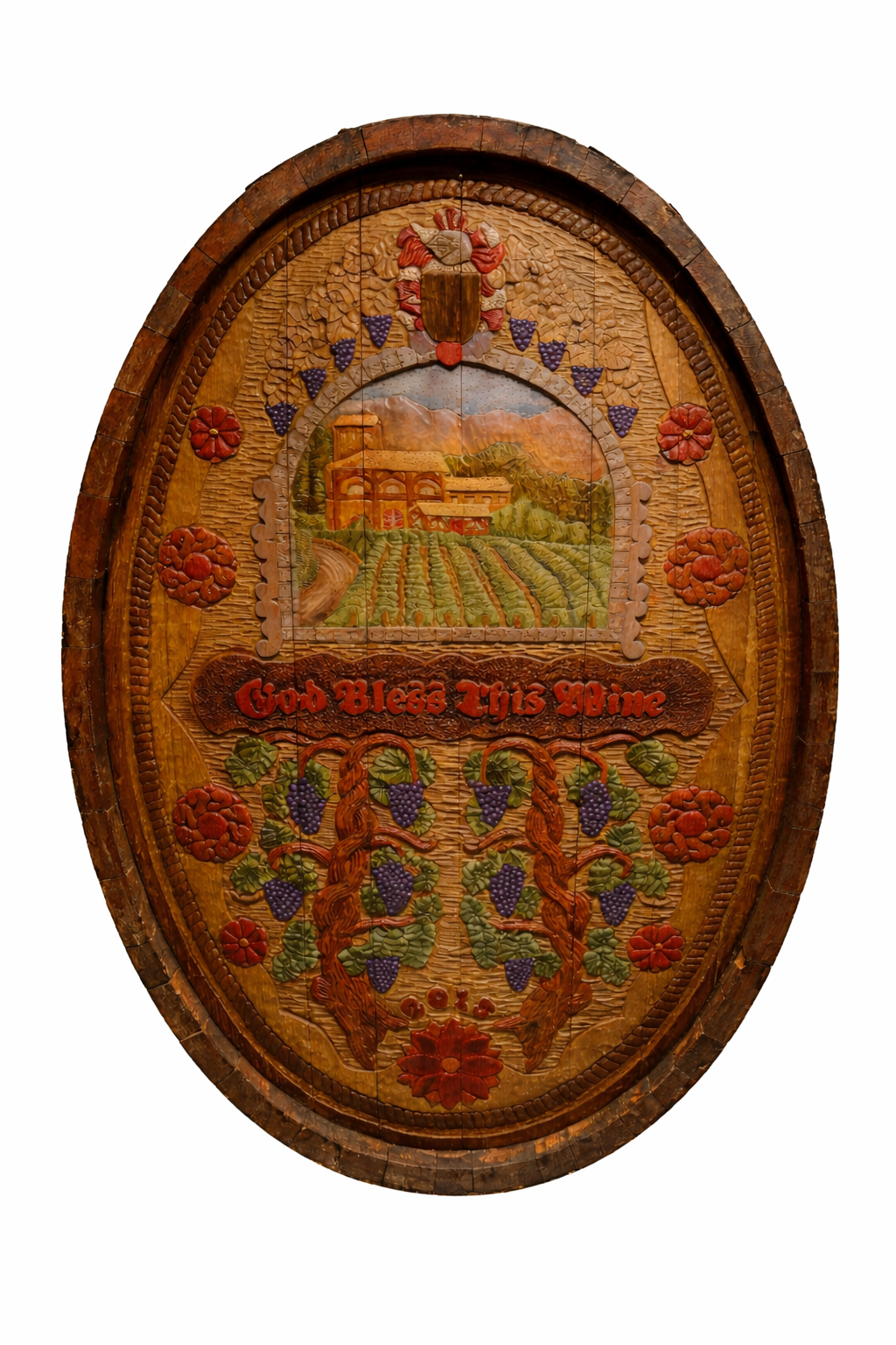 Oval wine cask end carving — artwork I