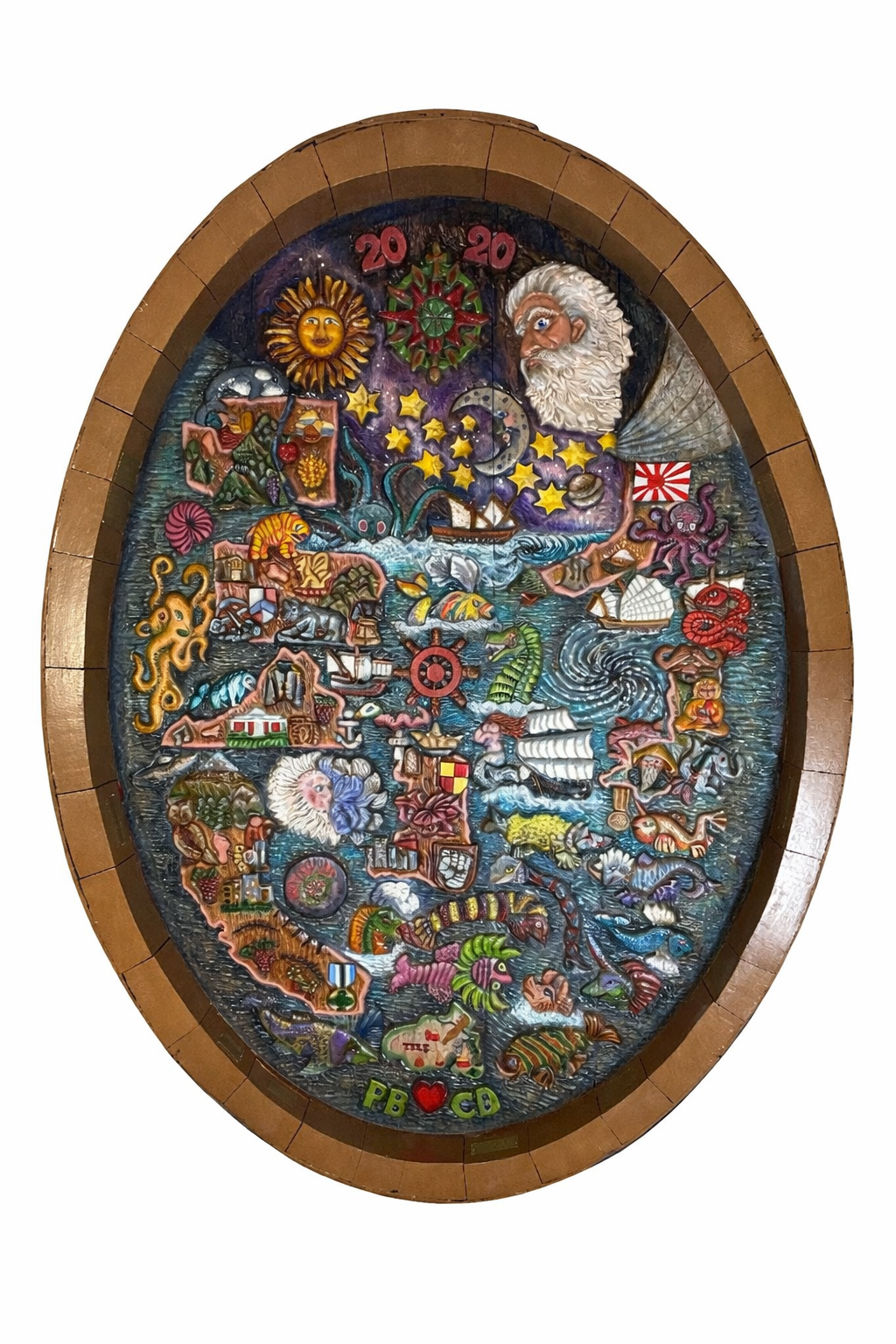 Oval wine cask end carving — artwork II