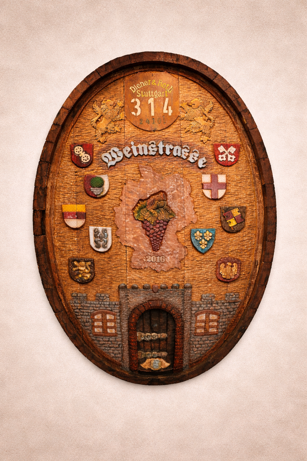 Oval wine cask end carving — artwork III