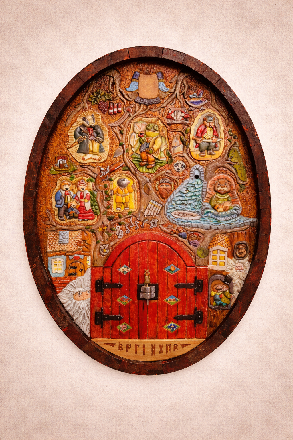 Oval wine cask end carving with folk art scenes and red door - artwork 4