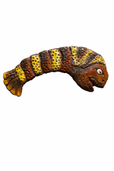 Hand-carved and painted caterpillar figure in brown and yellow