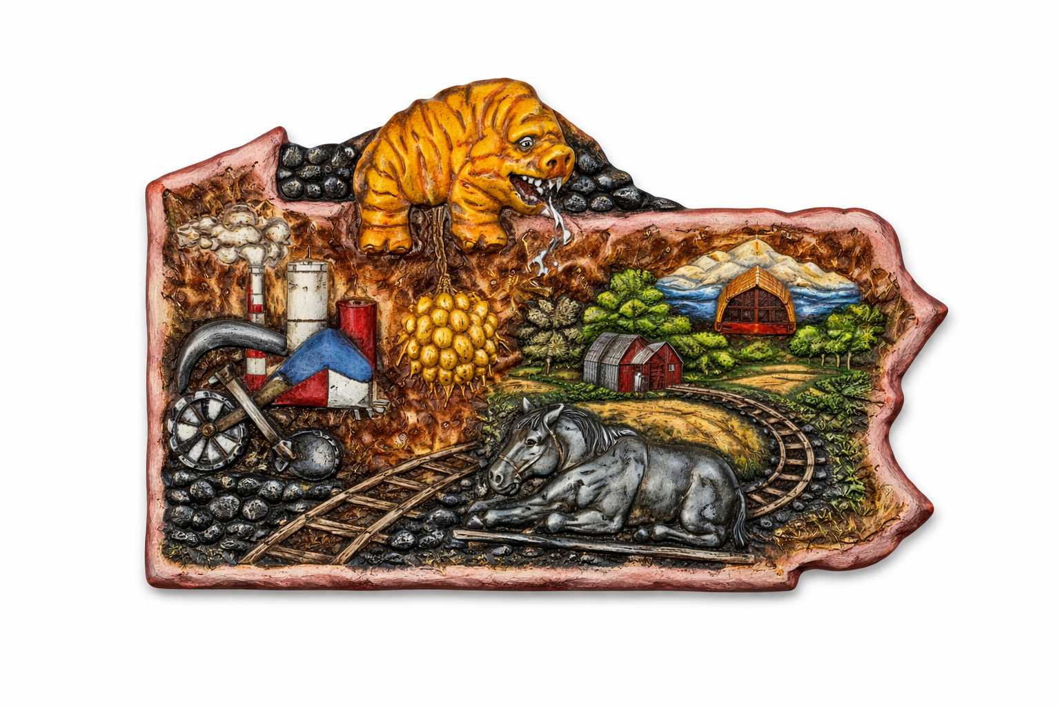 Hand-carved painted relief sculpture in the shape of Pennsylvania depicting mining, farming and heritage