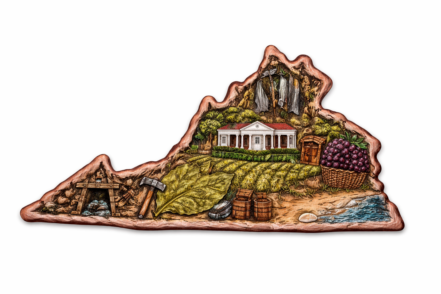 Hand-carved painted relief sculpture in the shape of Virginia with plantation house, vineyard and tobacco leaf