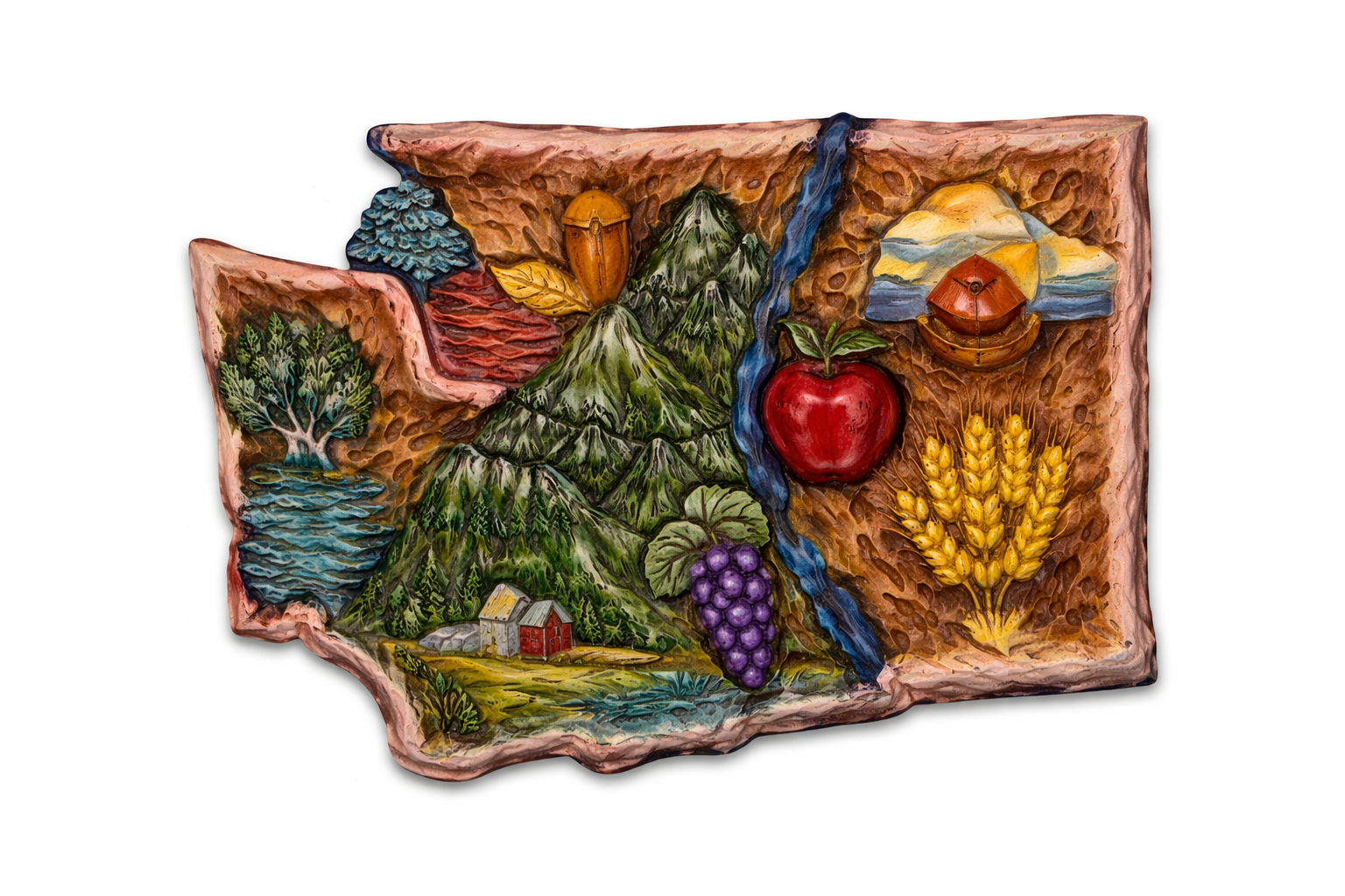 Hand-carved painted relief sculpture in the shape of Washington State with mountains, apple, grapes and wheat