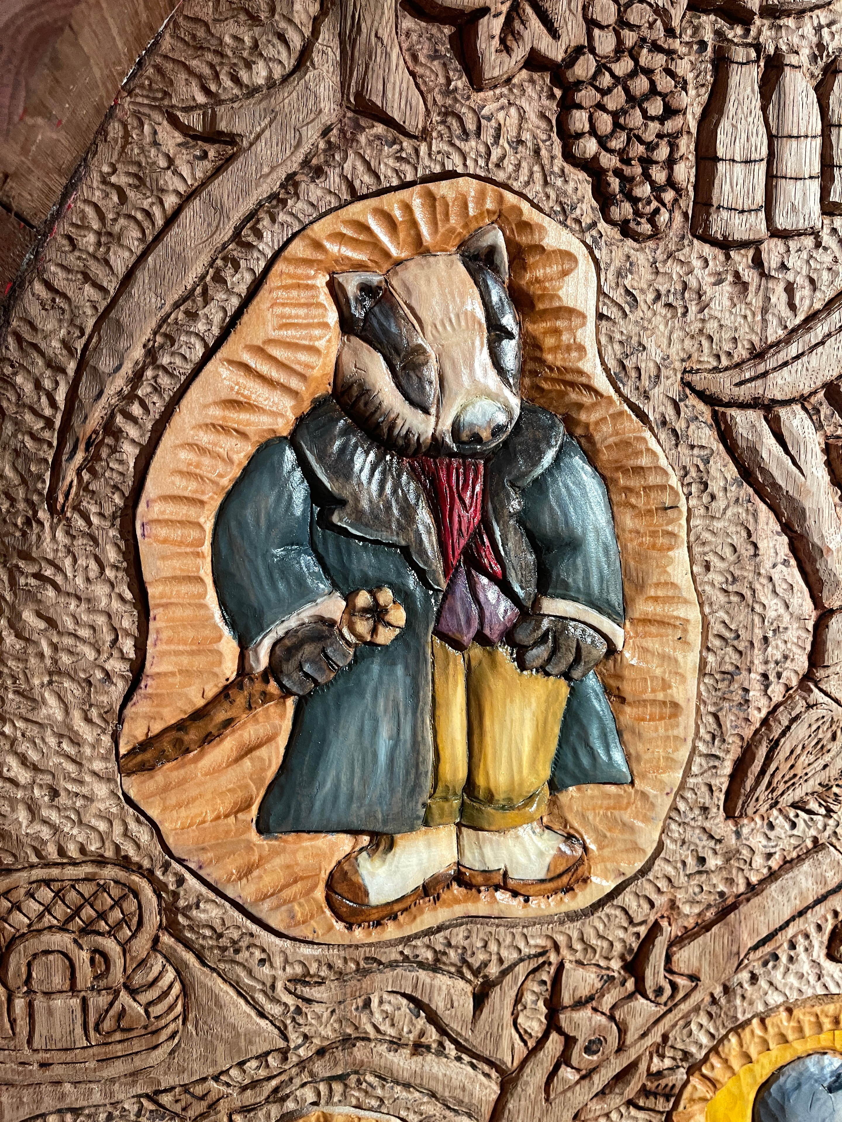 Wind in the Willows cask carving — detail view 2