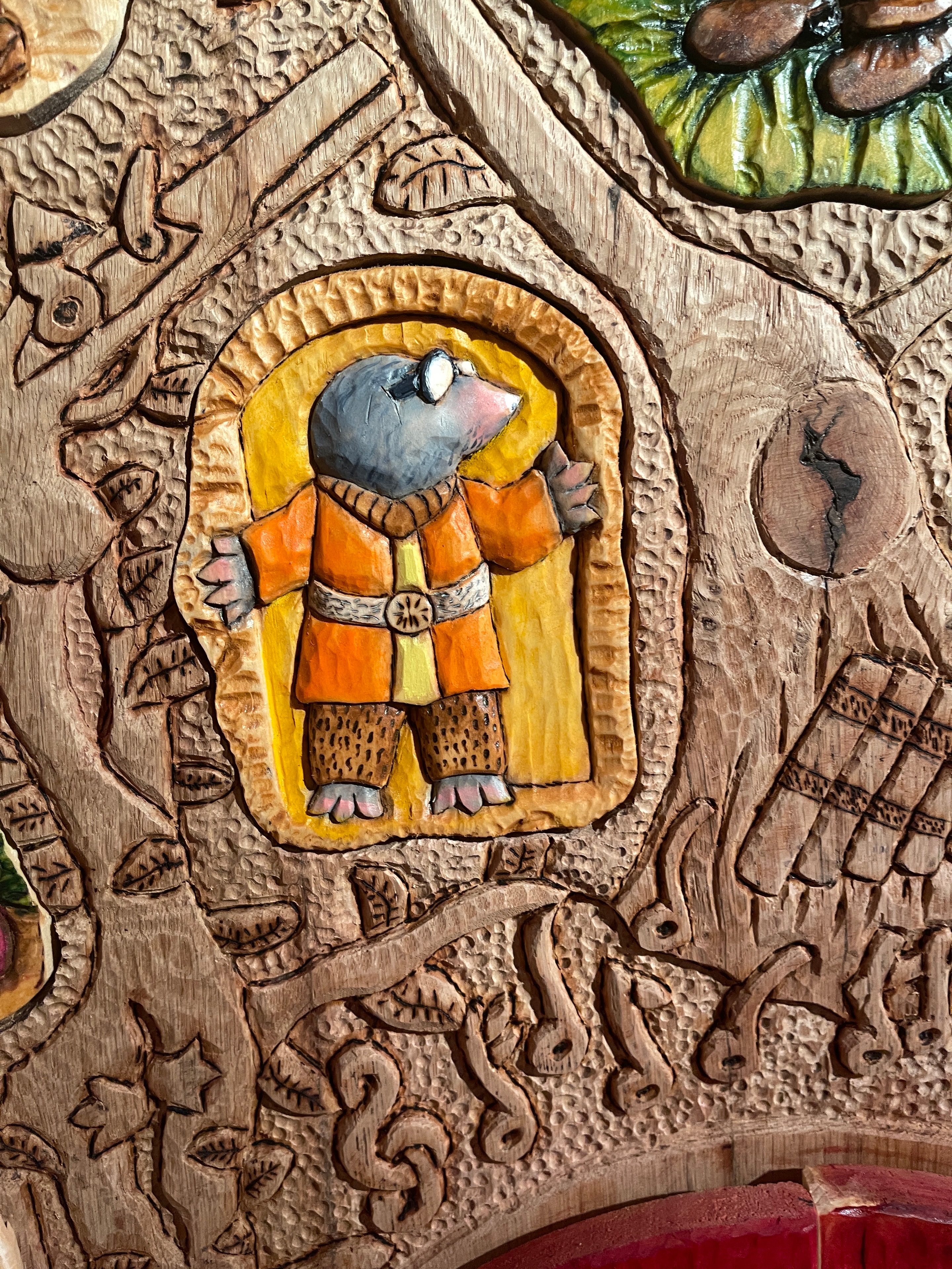 Wind in the Willows cask carving — detail view 3